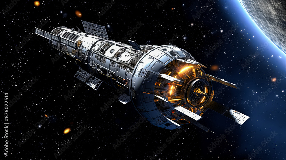 A space ship is flying through space with a planet in the background