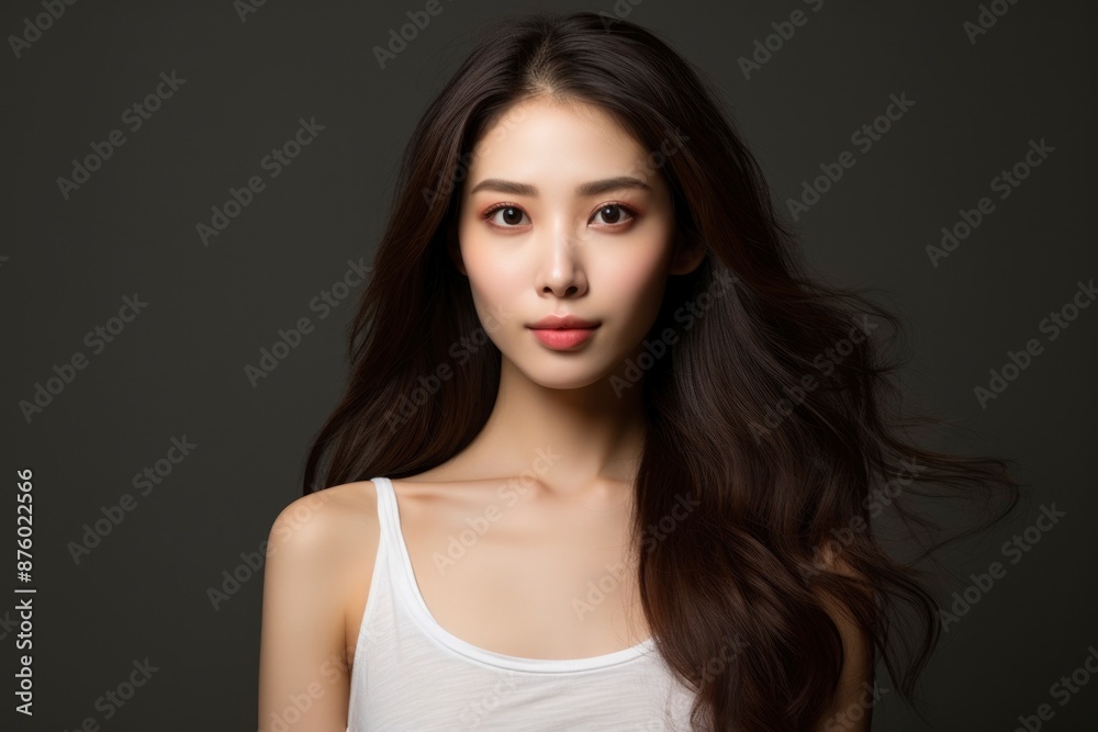Portrait of a beautiful young woman with long dark hair wearing a white tank top Portrait of a beautiful young woman with long dark hair wearing a white tank top