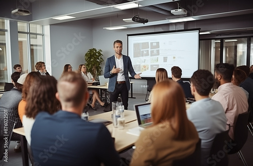 A professional man giving a presentation to a group of people in a modern conference room with a projector screen