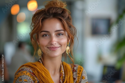 Pretty, positive successful brunette indian or arabian business woman in an elegant suit, ceo, company employee, sitting at a work desk in the modern office, looking at camera and smiling friendly