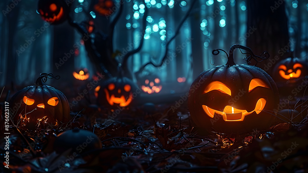 Halloween pumpkins in the forest at night.Halloween background with Evil Pumpkin. Spooky scary dark Night forrest. Holiday event halloween banner background concept Halloween pumpkins in the forest at night.Halloween background with Evil Pumpkin. Spooky scary dark Night forrest. Holiday event halloween banner background concept