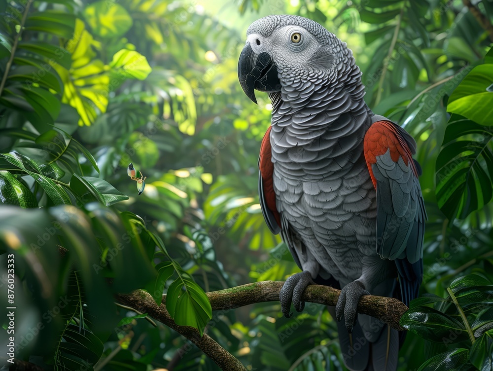 African Grey Parrot in the Jungle- An African grey parrot perches on a branch high in the canopy of a tropical jungle African Grey Parrot in the Jungle- An African grey parrot perches on a branch high in the canopy of a tropical jungle