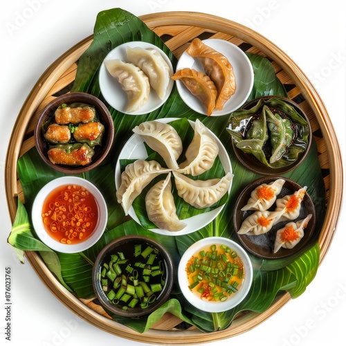 Chinese Dim Sum Set, Various Gyoza, Jiaozi or Momo on Banana Leaves, Spicy Sauces Top View photo