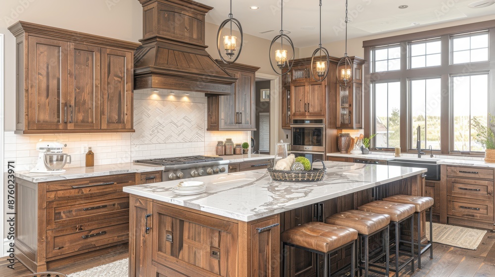 A beautifully designed rustic kitchen featuring natural wood cabinetry, modern appliances, and large windows providing ample natural lighting A beautifully designed rustic kitchen featuring natural wood cabinetry, modern appliances, and large windows providing ample natural lighting