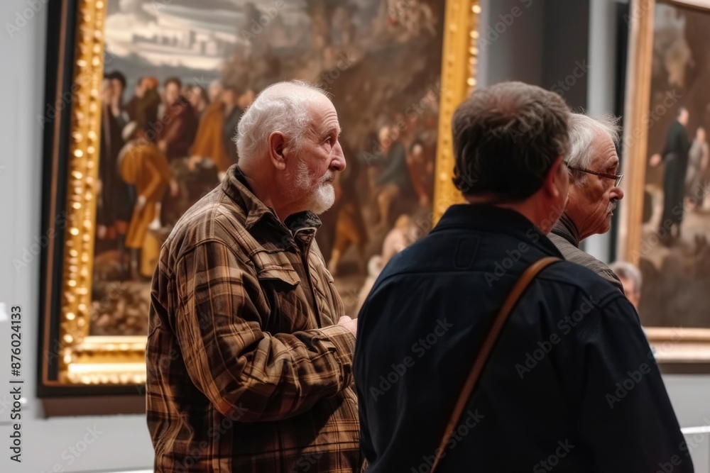 An elderly man, dressed in a plaid shirt, stands thoughtfully in front of a framed painting in a gallery, while two other visitors stand beside him. An elderly man, dressed in a plaid shirt, stands thoughtfully in front of a framed painting in a gallery, while two other visitors stand beside him.