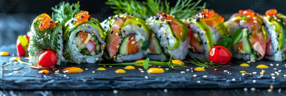 Fototapeta premium Green Uramaki Sushi Roll, Maki Susi Rolls on Black Slate with Rice, Cream Cheese, Fried Salmon