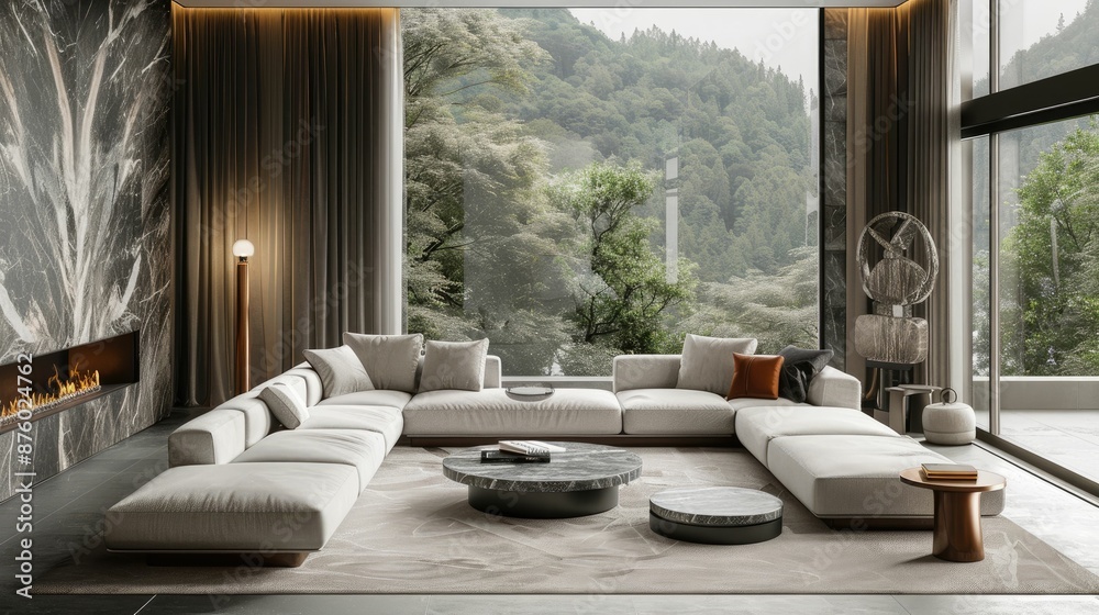 Fototapeta premium Modern Living Room with Mountain View