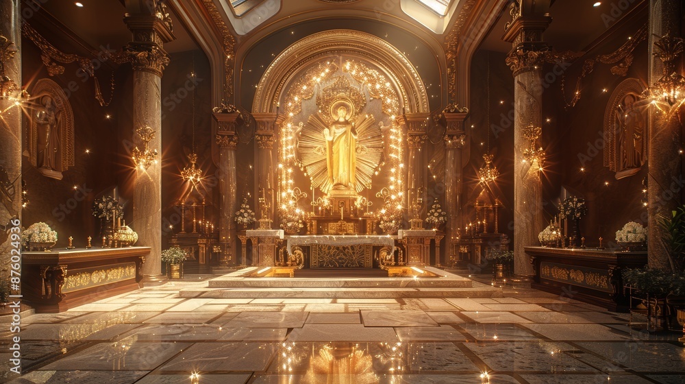Obraz premium An ornate interior view of a grand, beautifully decorated cathedral with golden accents, stunning architectural details, and radiant lighting