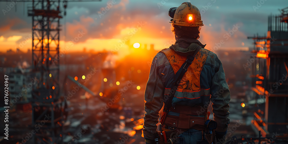 Construction Site Sunset: Blue Overalls Worker Construction Site Sunset: Blue Overalls Worker