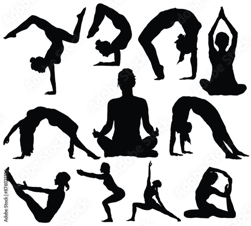 A collection of yoga silhouettes depicting various poses, ideal for fitness blogs, yoga studios, and wellness content. This versatile graphic highlights the diversity and flexibility of yoga practice.