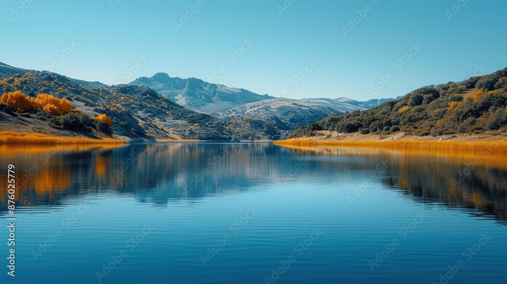 Fototapeta premium An idyllic mountain landscape with crystal clear blue lake surrounded by lush green hills, reflecting the serene sky and picturesque scenery in the tranquil waters