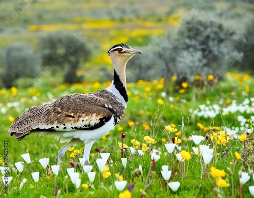 Great Bustard (Otis tarda) in Open Grassland with Flowers in Extremadura Spain. March. Wildlife Scene of Nature in Europe.