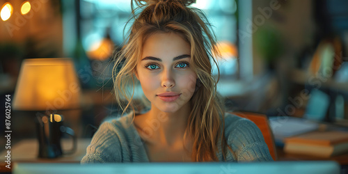 Focused Businesswoman in Blue Office