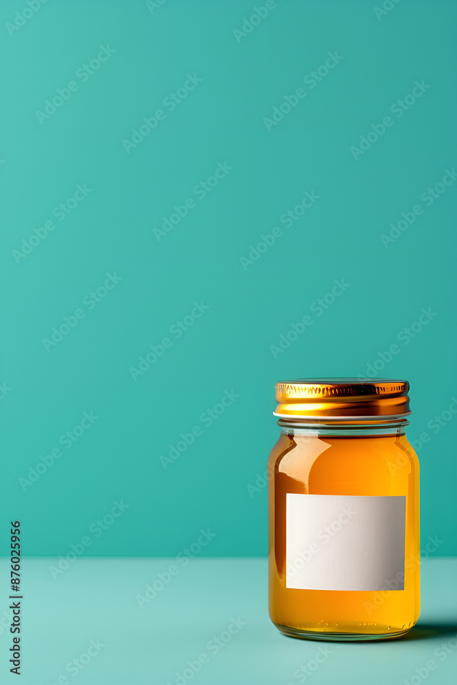 Honey Jar with Blank Label on Teal Background, Minimalist Product Mockup Honey Jar with Blank Label on Teal Background, Minimalist Product Mockup