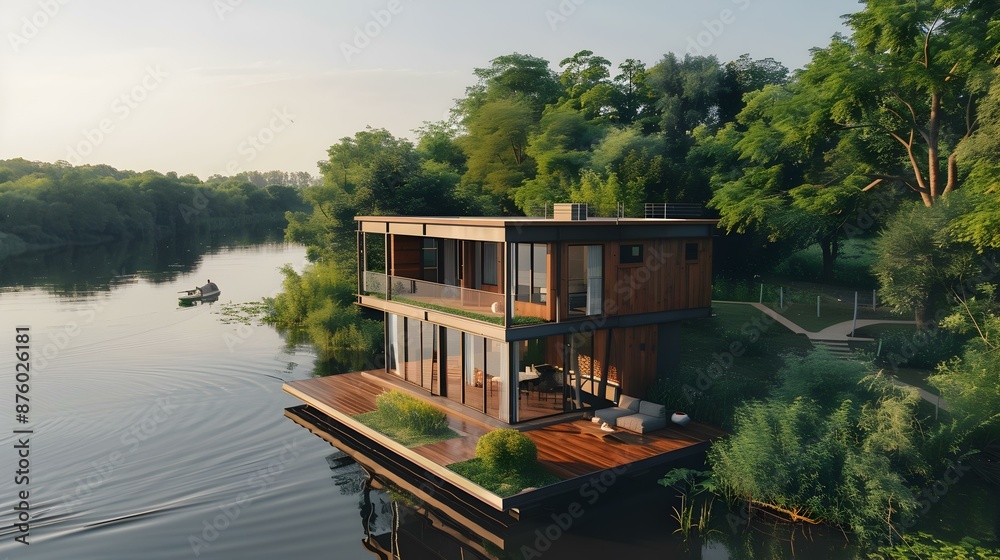Fototapeta premium Modular house on the river bank image