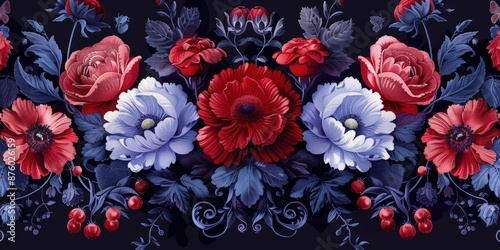 Wallpaper Mural Red And Blue Flowers On A Dark Background Torontodigital.ca