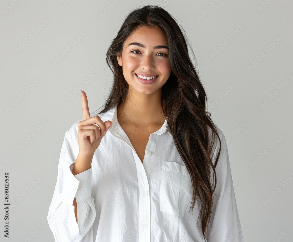 Woman in White Shirt Pointing Up Woman in White Shirt Pointing Up