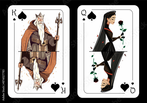 Queen of Diamonds and King of Diamonds, original playing card design on black background. Vector illustration