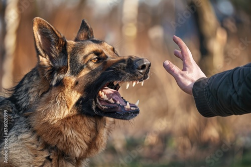 Obraz na płótnie Aggressive dog bites, german shepherd attacks a man and bites his hand, training pets, rabid animals w salonie