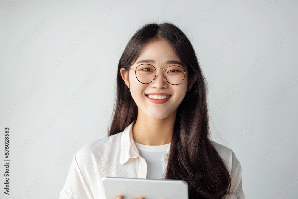 Young asian woman isolated, company worker in glasses, smiling and holding digital tablet Young asian woman isolated, company worker in glasses, smiling and holding digital tablet