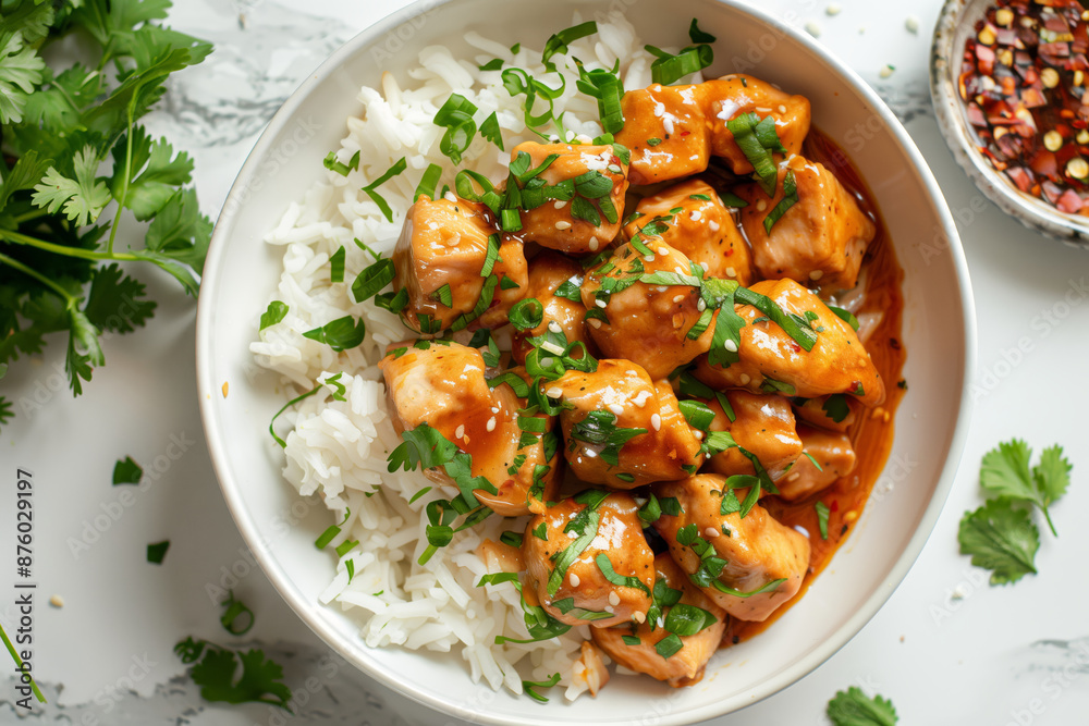 An Overhead View of Peanut Butter Chicken With Rice and Cilantro An Overhead View of Peanut Butter Chicken With Rice and Cilantro