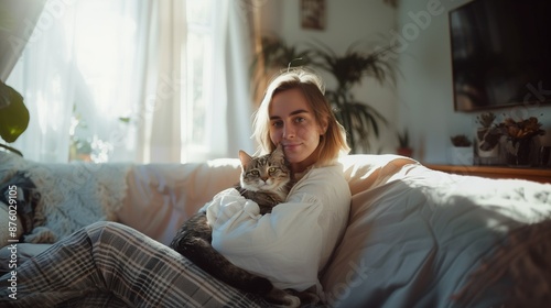 Woman hug a cat