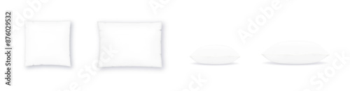 White pillow square shape top, side and front view. Realistic cushion for sleep mockups set pillow isolated on white. Vector