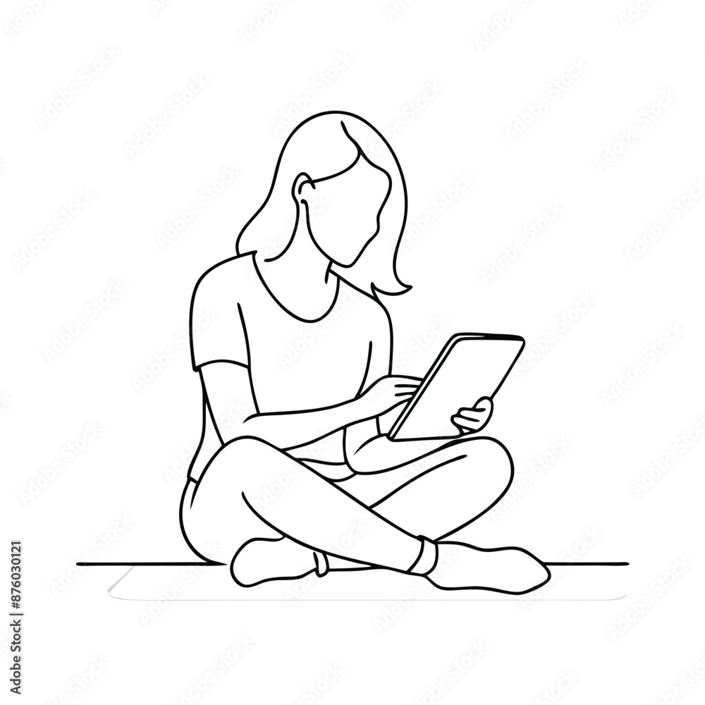 A woman sitting on the ground with notepad vector line art illustration A woman sitting on the ground with notepad vector line art illustration
