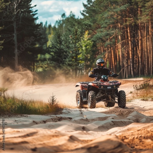 Driving modern quad bike in forest. Extreme adventure, ride sport off road, utility vehicle on sandy track