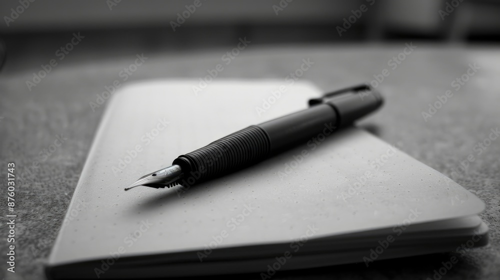 Fototapeta premium A dark pen resting on a blank notebook