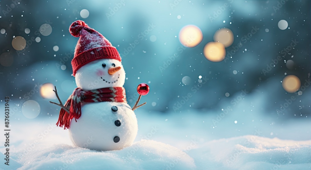 A cute snowman with a red hat and scarf standing in a snowy winter landscape. A cute snowman with a red hat and scarf standing in a snowy winter landscape.