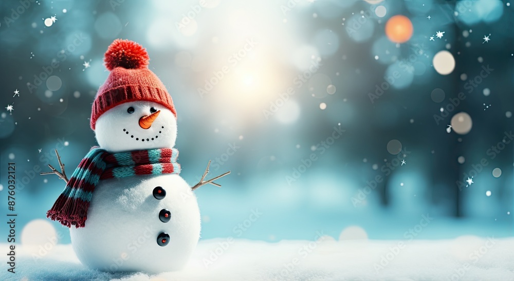 A cheerful snowman in a red hat and scarf stands in a snowy landscape with a blurred background. A cheerful snowman in a red hat and scarf stands in a snowy landscape with a blurred background.