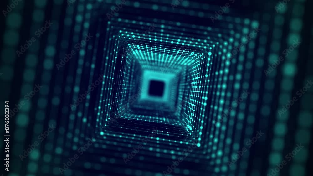 Cyber square tunnel consisting of moving glowing points. Futuristic infinite space background. Concept of data transfer in cyberspace. Hi-tech illustration. 3d rendering