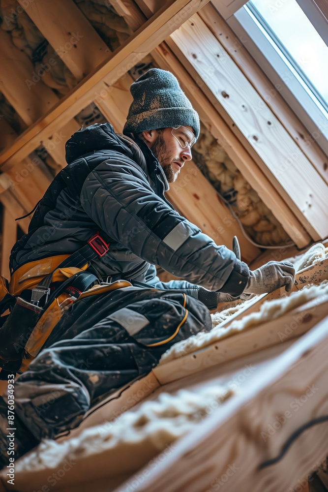Fototapeta premium A Builder Installing Insulation In a New Roof Under a Cloudy Sky