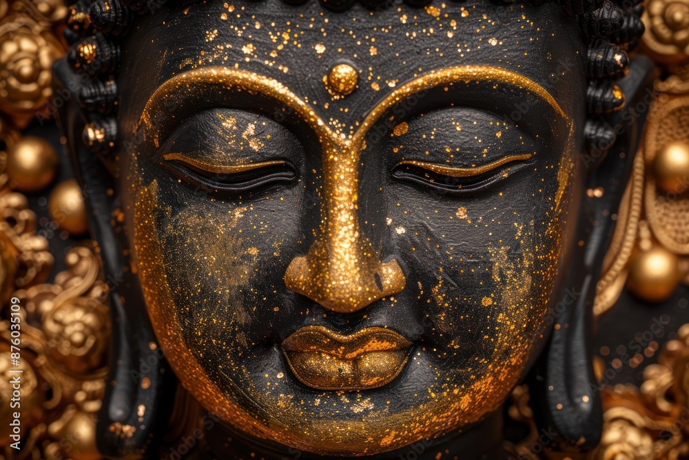 Fototapeta premium Buddha golden statue close up on dark background