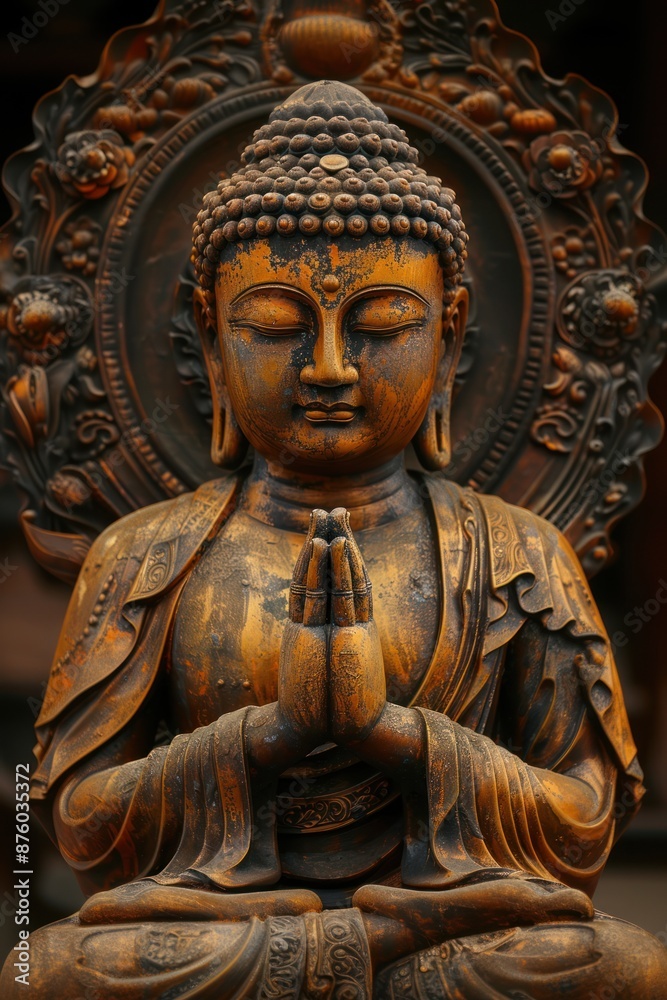 Buddha golden statue close up on dark background Buddha golden statue close up on dark background