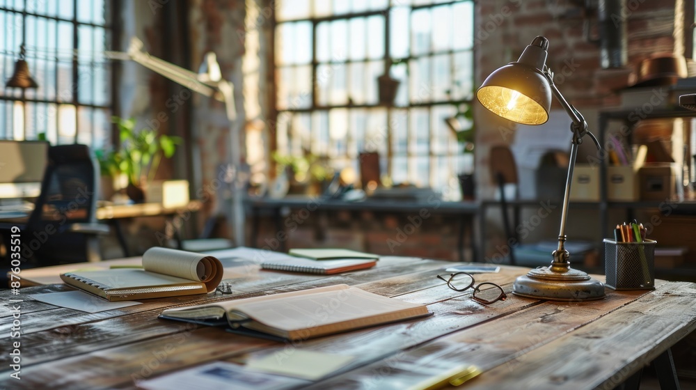 Stylish table lamp on a desk in a loft-style office. A notebook lies open on the desk Stylish table lamp on a desk in a loft-style office. A notebook lies open on the desk