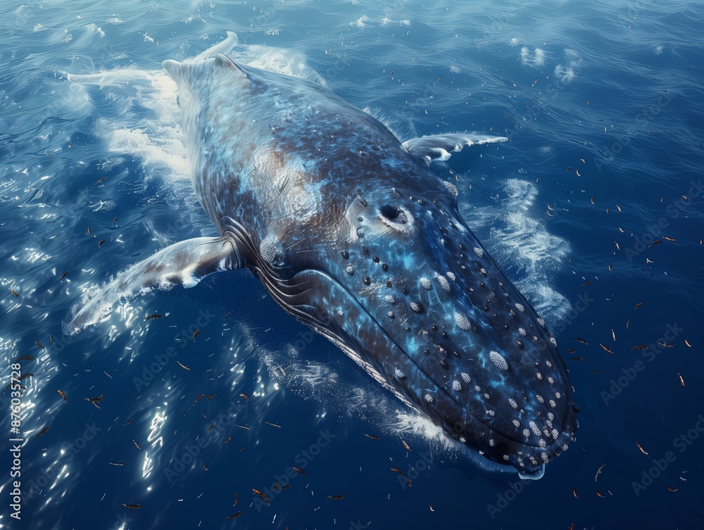 Fototapeta premium Blue Whale in the Ocean- A blue whale glides gracefully through the deep blue waters of the open ocean