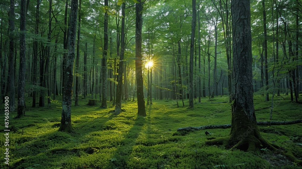Obraz premium A serene, sun-dappled forest landscape with lush green foliage and tall trees, showcasing the peaceful beauty of a tranquil natural environment