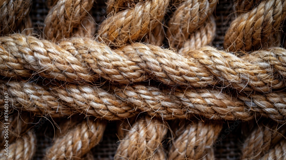 Detailed Close-Up of Interwoven Thick Rope Cords Displaying the Intricate Texture and Sturdy Fibers in Various Shades of Brown, Emphasizing Strength and Durability Detailed Close-Up of Interwoven Thick Rope Cords Displaying the Intricate Texture and Sturdy Fibers in Various Shades of Brown, Emphasizing Strength and Durability