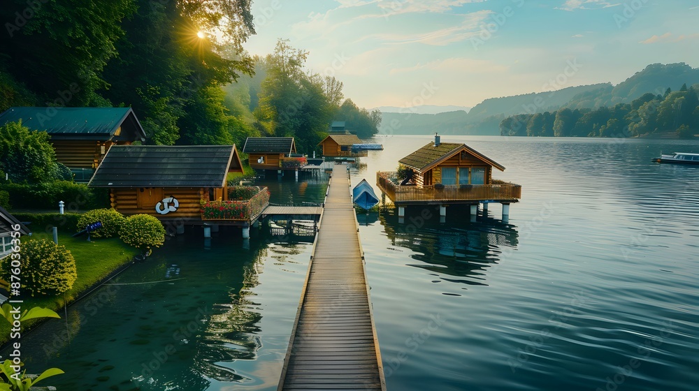 Naklejka premium Pier on the lake with floating houses