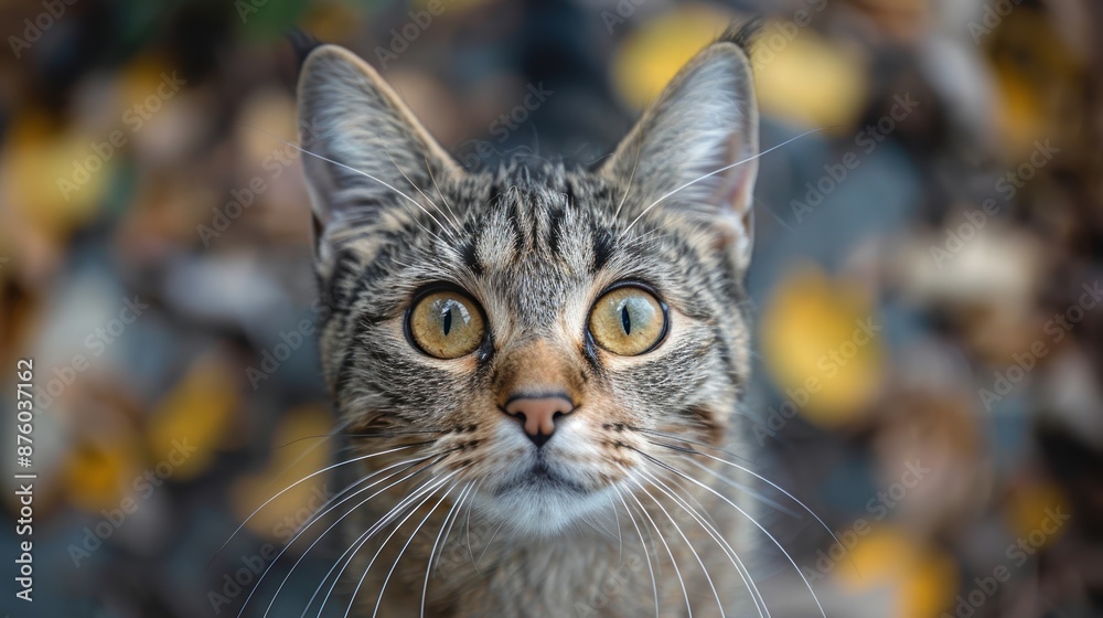 An adorable close-up of a curious tabby cat with wide, golden eyes that convey an expression of wonder and intrigue, against a blurred autumnal background