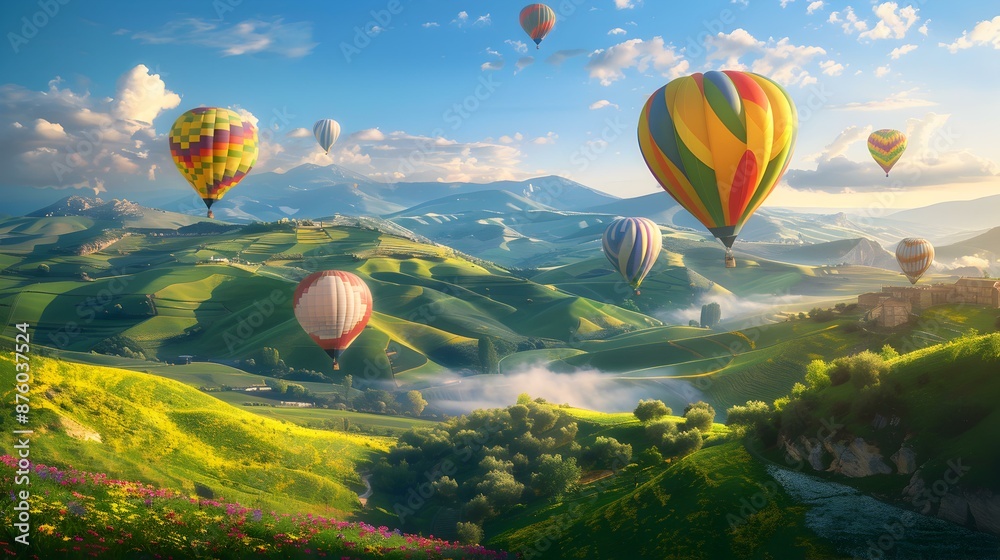 Obraz premium Hot air balloons over green hills picture