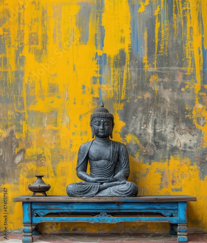 Wallpaper Mural Buddha head made of concrete on yellow wall background. Torontodigital.ca