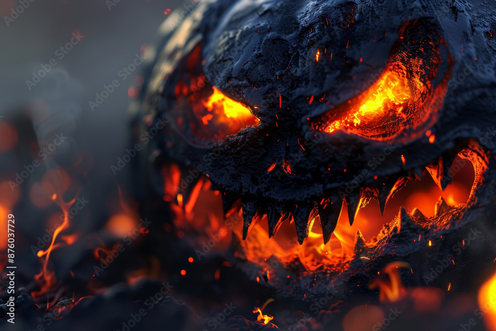 A menacing jack-o'-lantern with fiery eyes and mouth, surrounded by glowing embers and smoke. A menacing jack-o'-lantern with fiery eyes and mouth, surrounded by glowing embers and smoke.