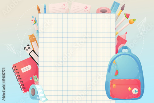School template, poster banner. Place for text. Cartoon backpack and school supplies, on background of notebook sheet in cell.
