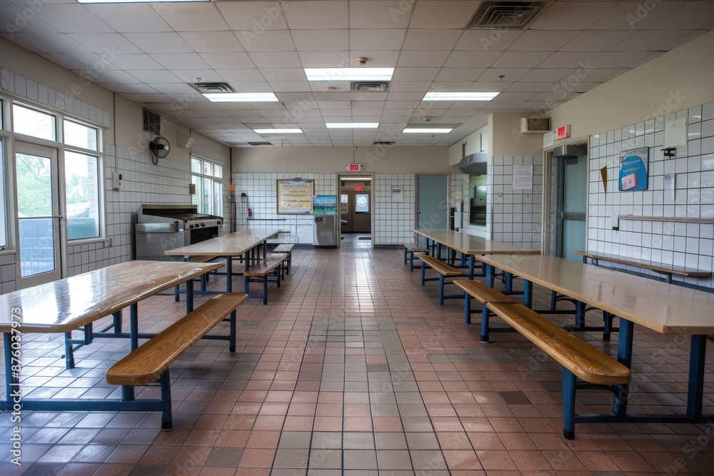 A spacious and empty school cafeteria with tiled walls, large windows, and wooden tables and benches, illuminated by natural light coming through the windows A spacious and empty school cafeteria with tiled walls, large windows, and wooden tables and benches, illuminated by natural light coming through the windows