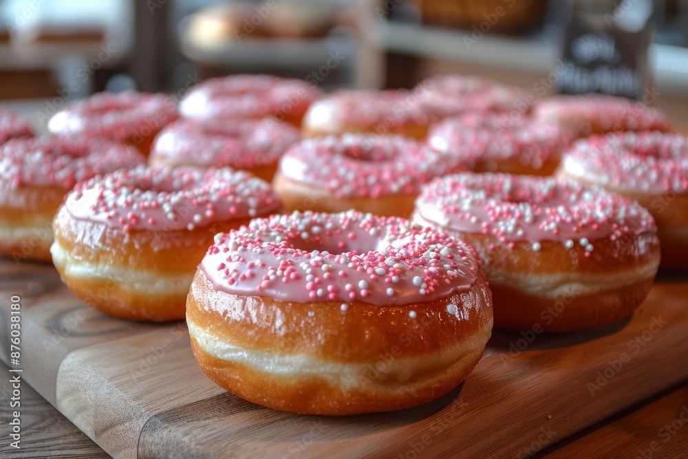 A delicious array of freshly baked donuts topped with pink icing and colorful sprinkles arranged on a wooden board in a cozy kitchen setting A delicious array of freshly baked donuts topped with pink icing and colorful sprinkles arranged on a wooden board in a cozy kitchen setting