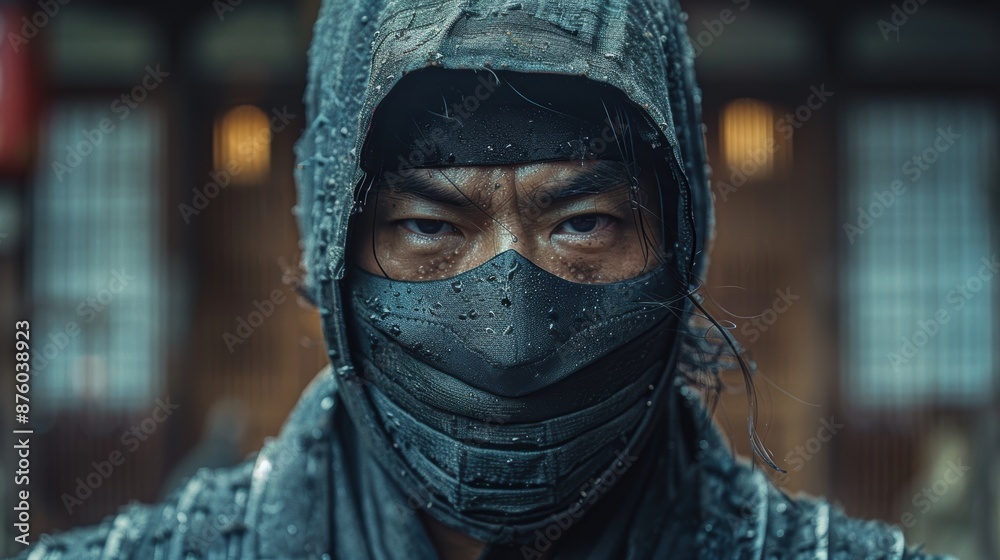 A portrait of a person dressed as a ninja with a mask, drenched in rain, set against a blurred background with what appears to be a traditional building A portrait of a person dressed as a ninja with a mask, drenched in rain, set against a blurred background with what appears to be a traditional building