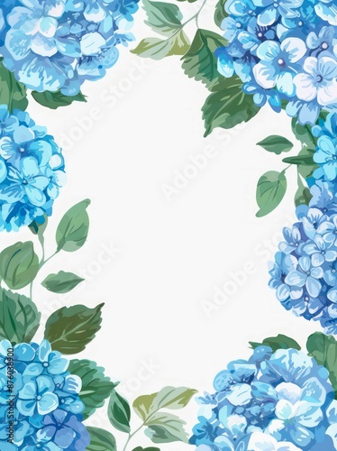 Floral frame of blue hortensia flowers on white background. Summer greeting design, beautiful hydrangea flowers on white background with copy space.